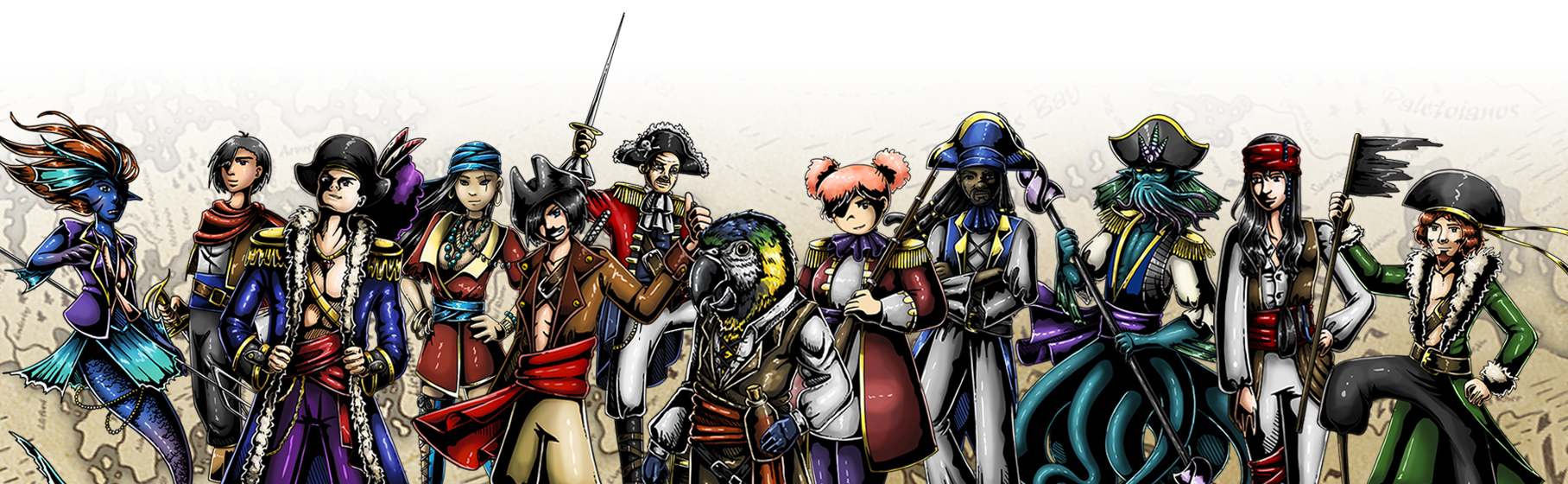 Tis Mutiny Characters - 12 pirates standing side by side in various costumes