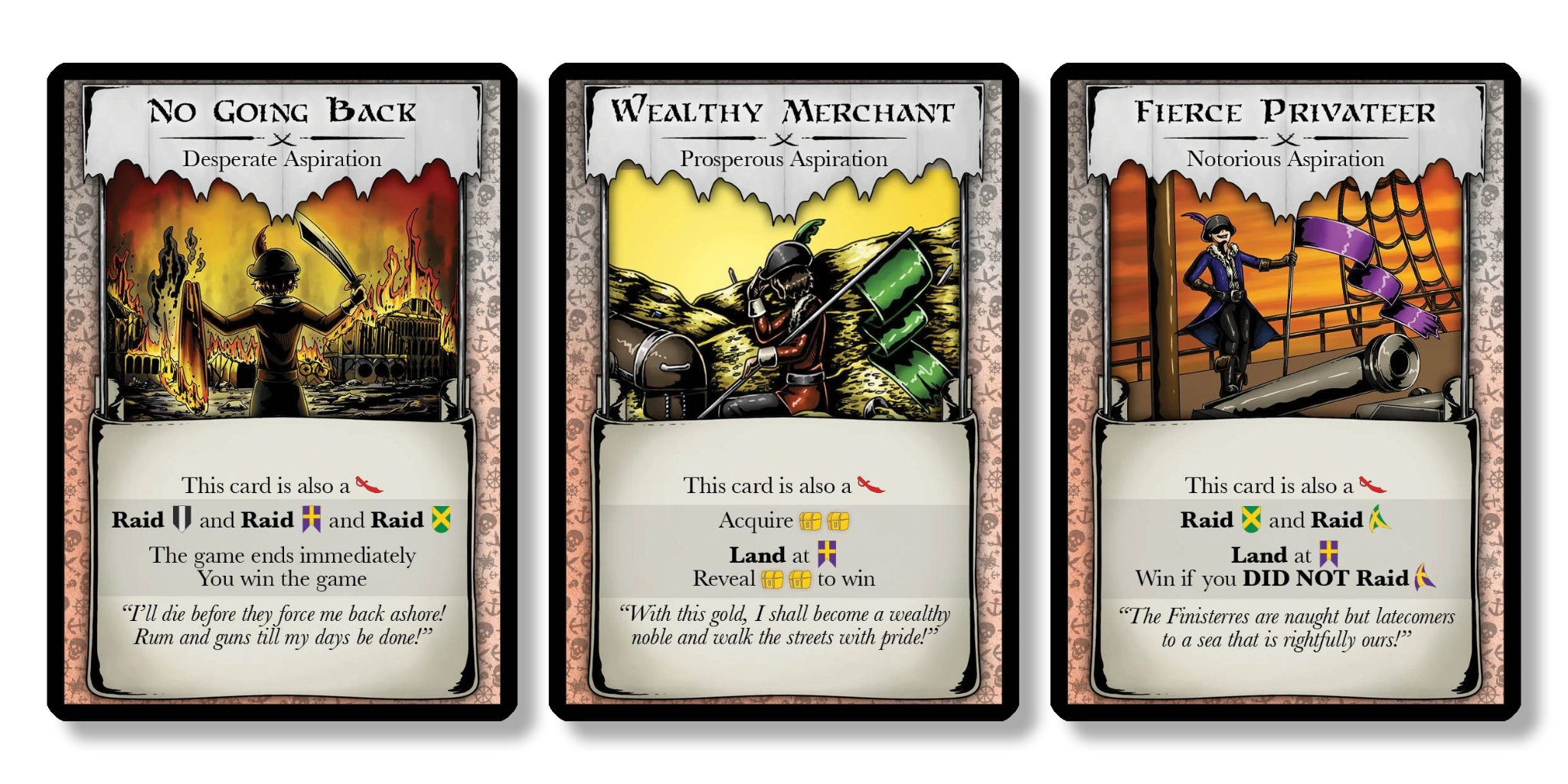 Three cards, showing game aspirations: Desperate, Prosperous, Notorious