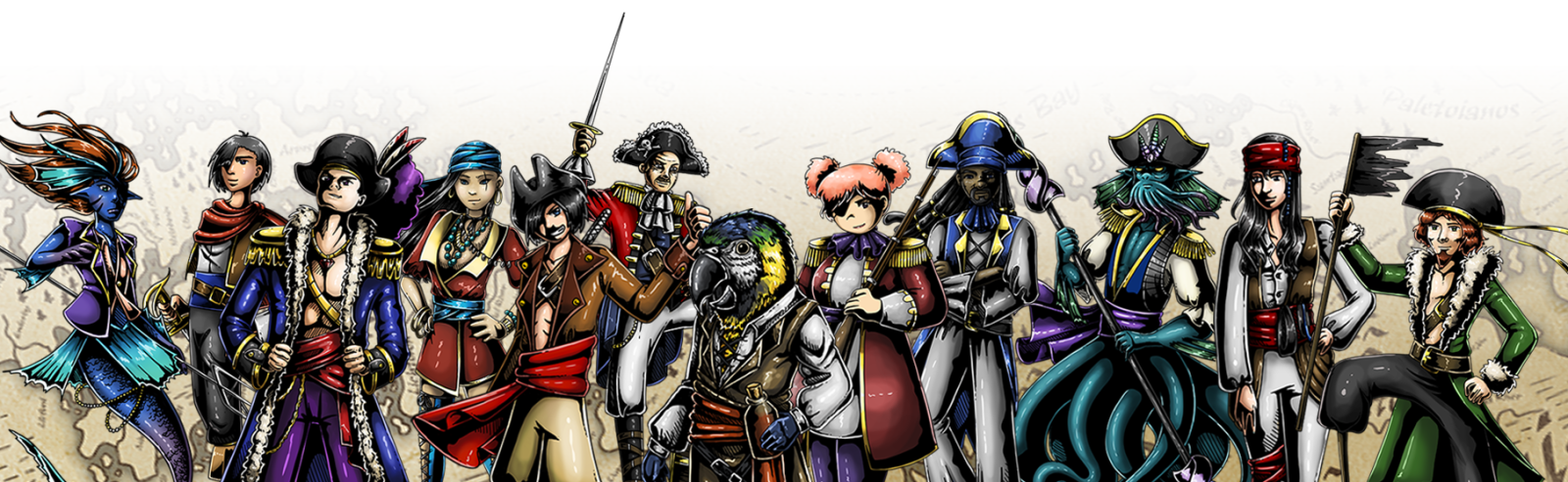 Tis Mutiny Characters - 12 pirates standing side by side in various costumes
